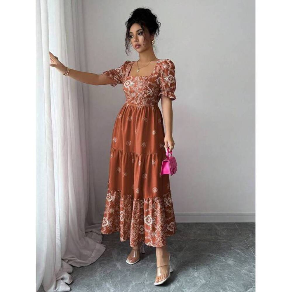 Elenzga Square Neck Waist Gathered A-Line Dress, Floral, F - Picture 3 of 6